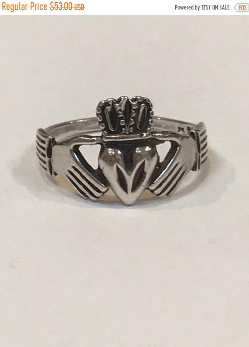 ON SALE Claddagh Sterling Ring Sz 10 Ireland Irish Men/'s Unisex 925 Silver Celtic Wedding Band Vintage Jewelry Birthday Anniversary Christma