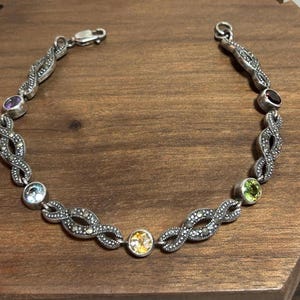 Multi Stone Sterling Bracelet Adjustable 7” 7.25” Garnet Peridot Amethyst Citrine Blue Topaz Marcasite 925 Silver Vintage Jewelry Gift Boho