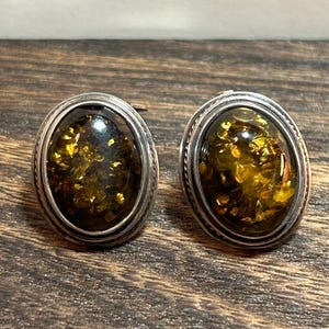 Polish Green Amber Sterling Earrings Clip-On Clipon 925 Silver Baltic Vintage Southwestern Jewelry Birthday Anniversary Christmas Gift Deco