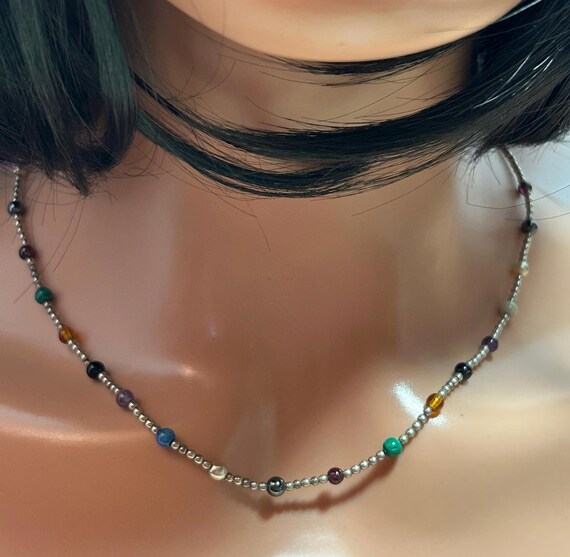 Multi Stone Sterling Beaded Necklace Adjustable L… - image 2