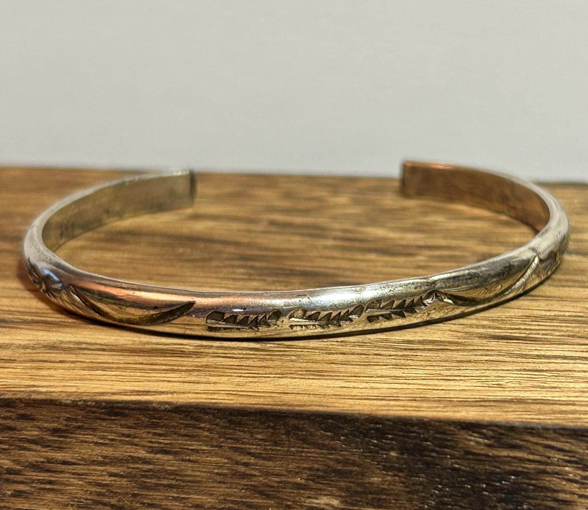 Navajo Sterling Stamped Cuff Bracelet Leaves 925 Silver Native