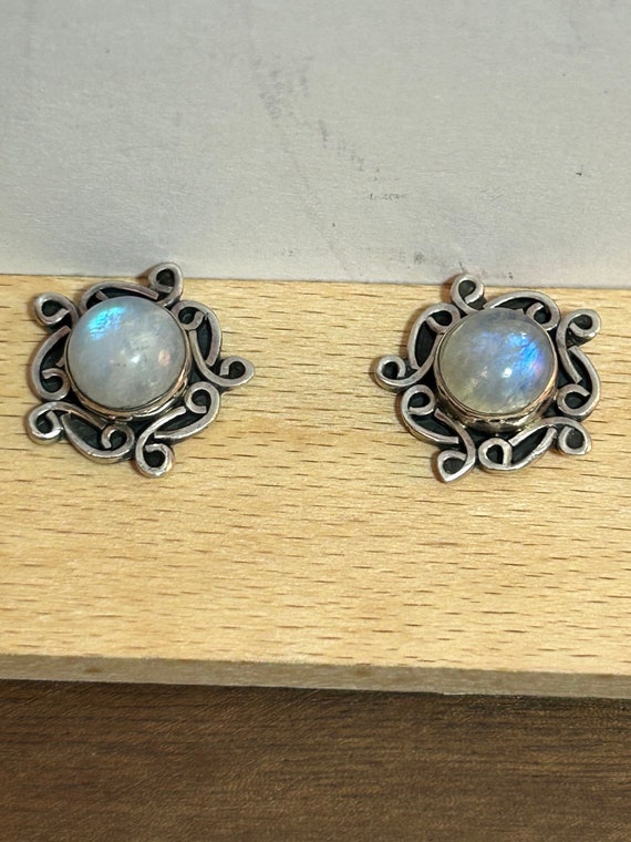 Moonstone Sterling Earrings 925 Silver Scrollwork… - image 1