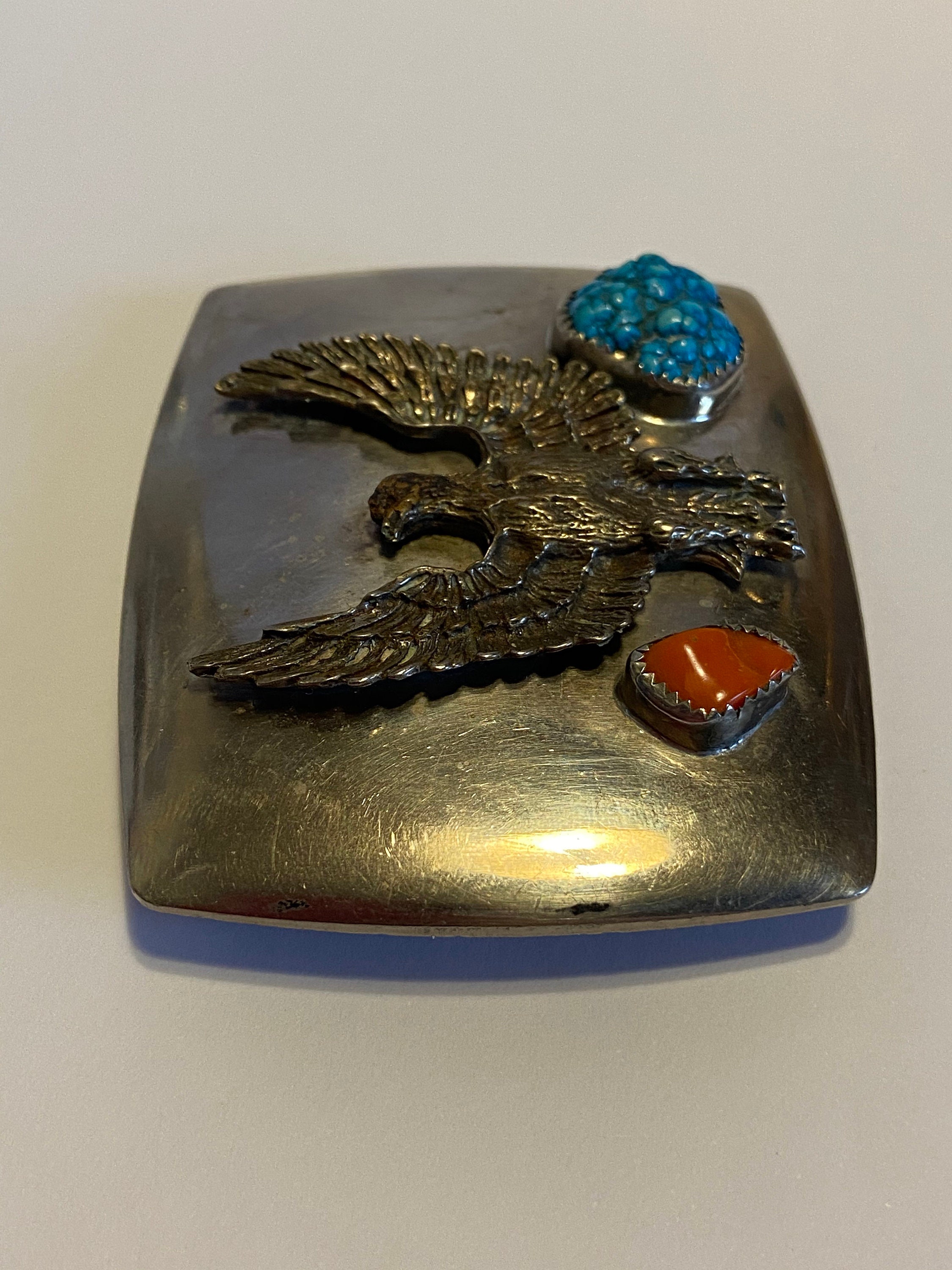 Turquoise Red Coral Eagle Sterling Belt Buckle 925 Silver 