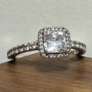 Pandora Cubic Zirconia Sterling Princess Halo Ring Sz 5.25 CZ 925 Silver Engagement Wedding Vintage Jewelry Anniversary Birthday Gift Bridal