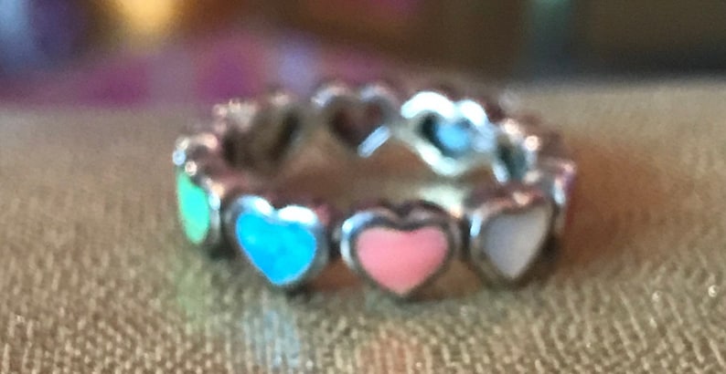 Multi Stone Sterling Heart Ring Sz 7 Pink Red Coral Lapis Gaspeite Pearl MOP 925 Silver Band Vintage Jewelry Christmas Birthday Gift Bridal