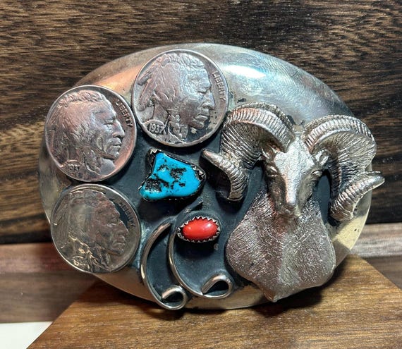 Navajo Turquoise Red Coral Indian Head Buffalo Nickel Belt  display picture 3