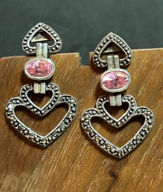 Pink Tourmaline Sterling Heart Earrings Marcasite Multi - Main Image