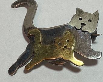 Sterling Cats Brooch Pin 925 Silver Brass Kitten Kitty Feline Vintage Jewelry Southwestern Anniversary Christmas Birthday Gift Valentine&#39;s