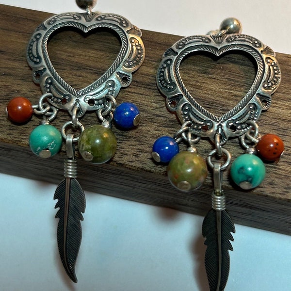 Multi Stone Sterling Heart Earrings 925 Silver Stamped Feathers Quoc Turquoise Lapis Red Coral Unakite Vintage Jewelry Birthday Gift Boho