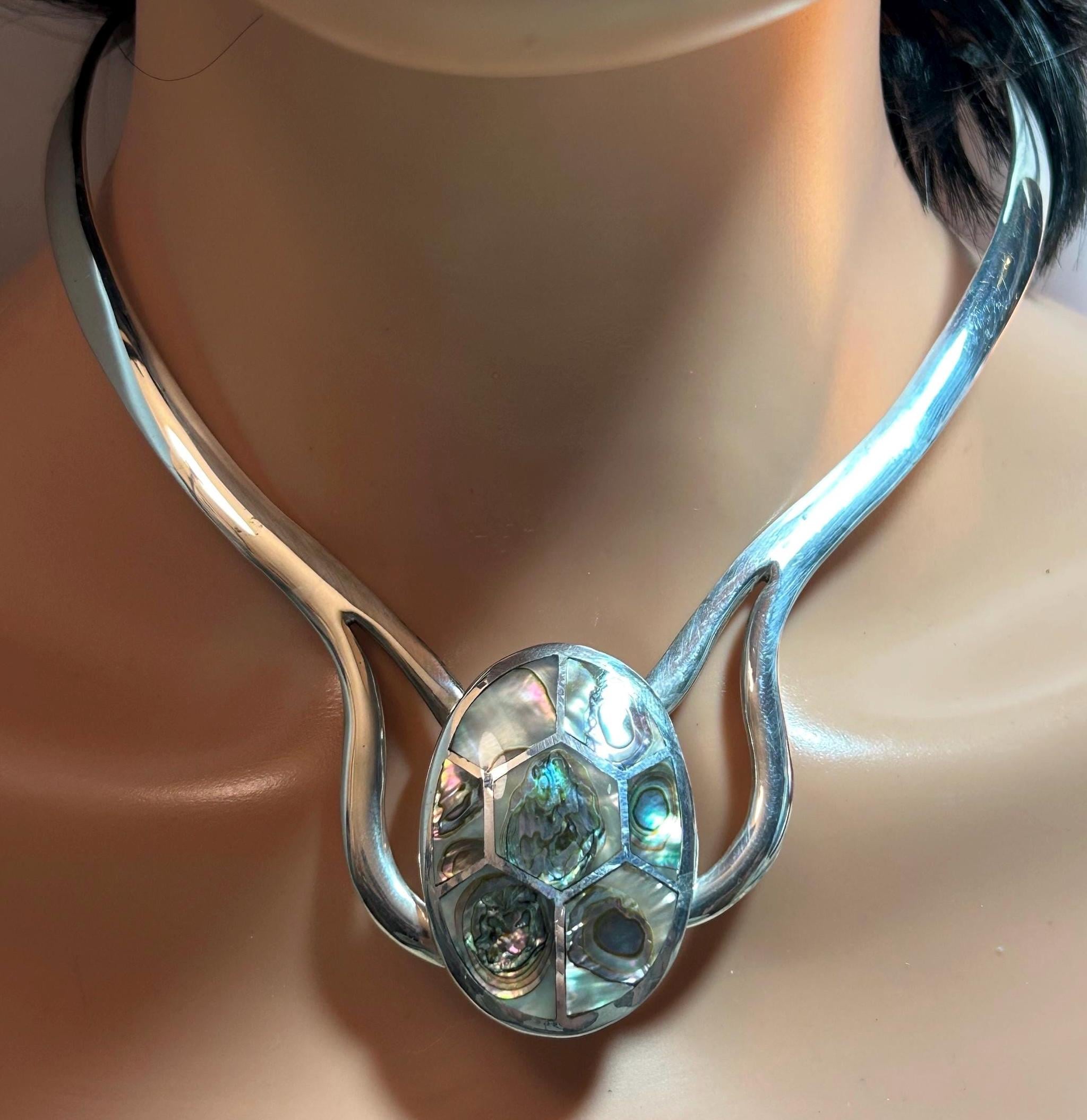 Taxco Abalone 950 Sterling Necklace Choker 87g Silver Mexico