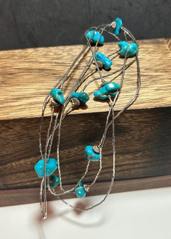 ナバホ族 ターコイズ スターリング ネックレス 60インチ 925 リキッド