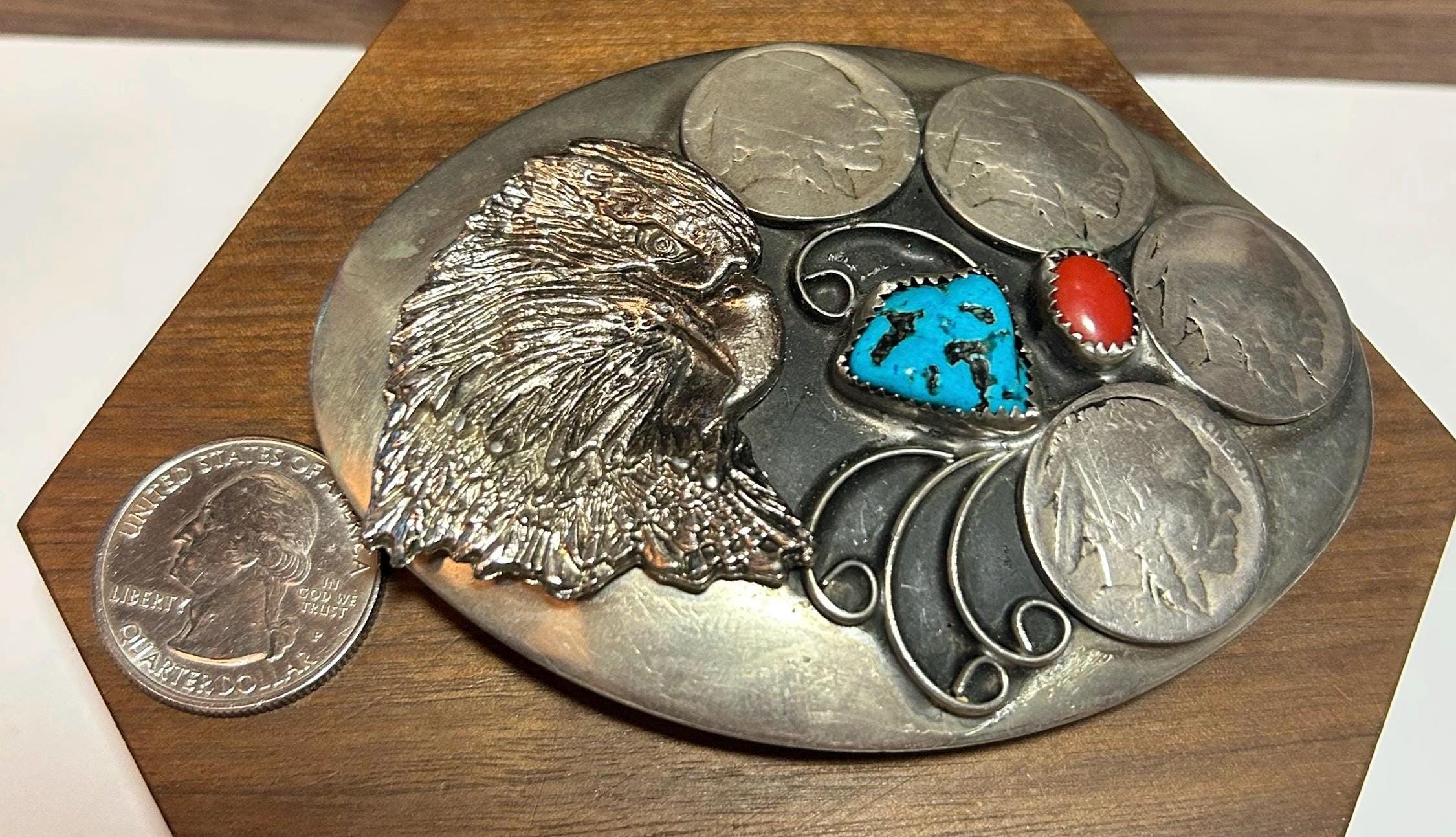 Navajo Turquoise Red Coral Buffalo Nickel Belt Buckle Eagle  display picture 3