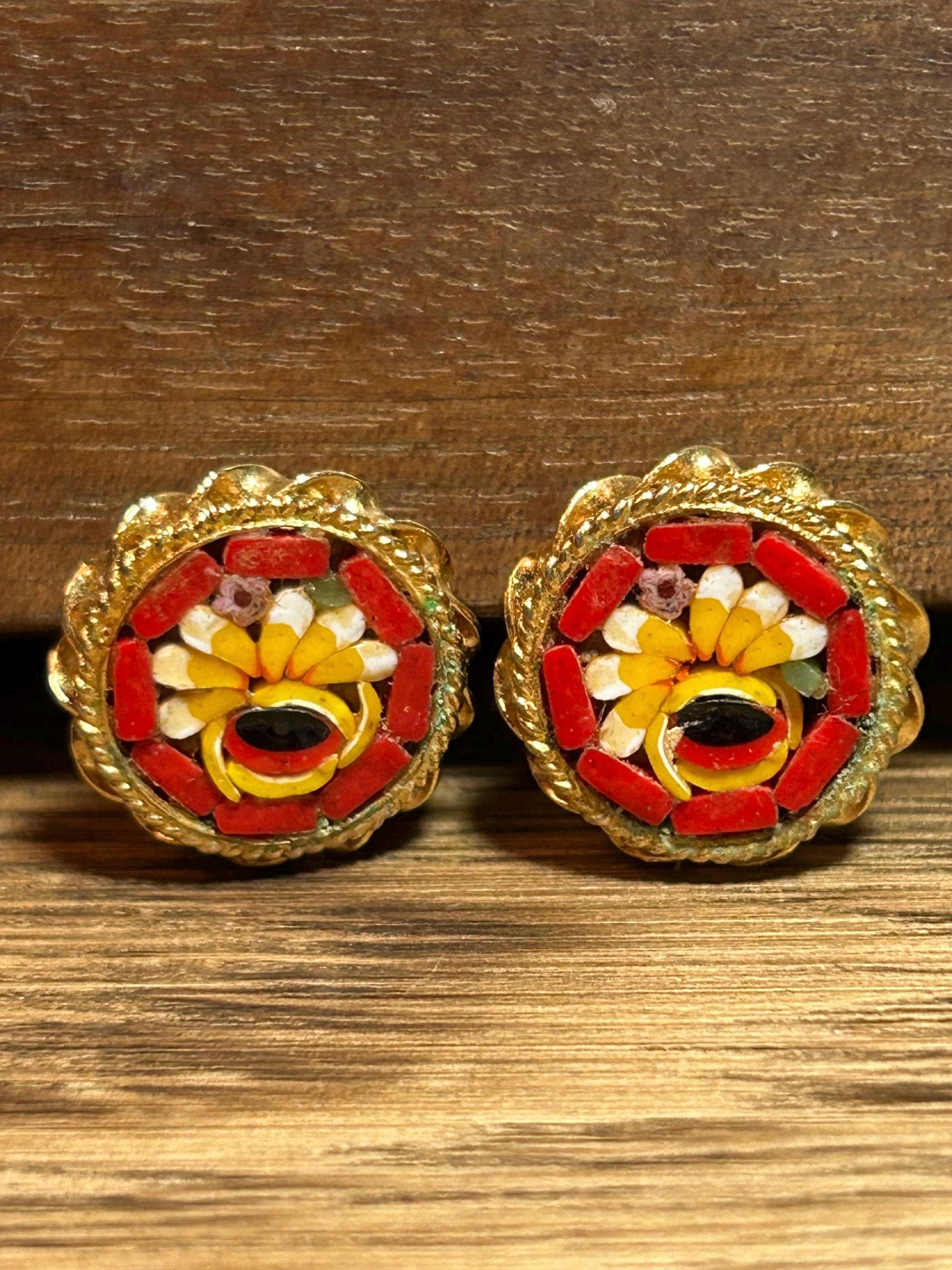 14K Millefiori Micro Mosaic Flowers Earrings Clip-on Venetian