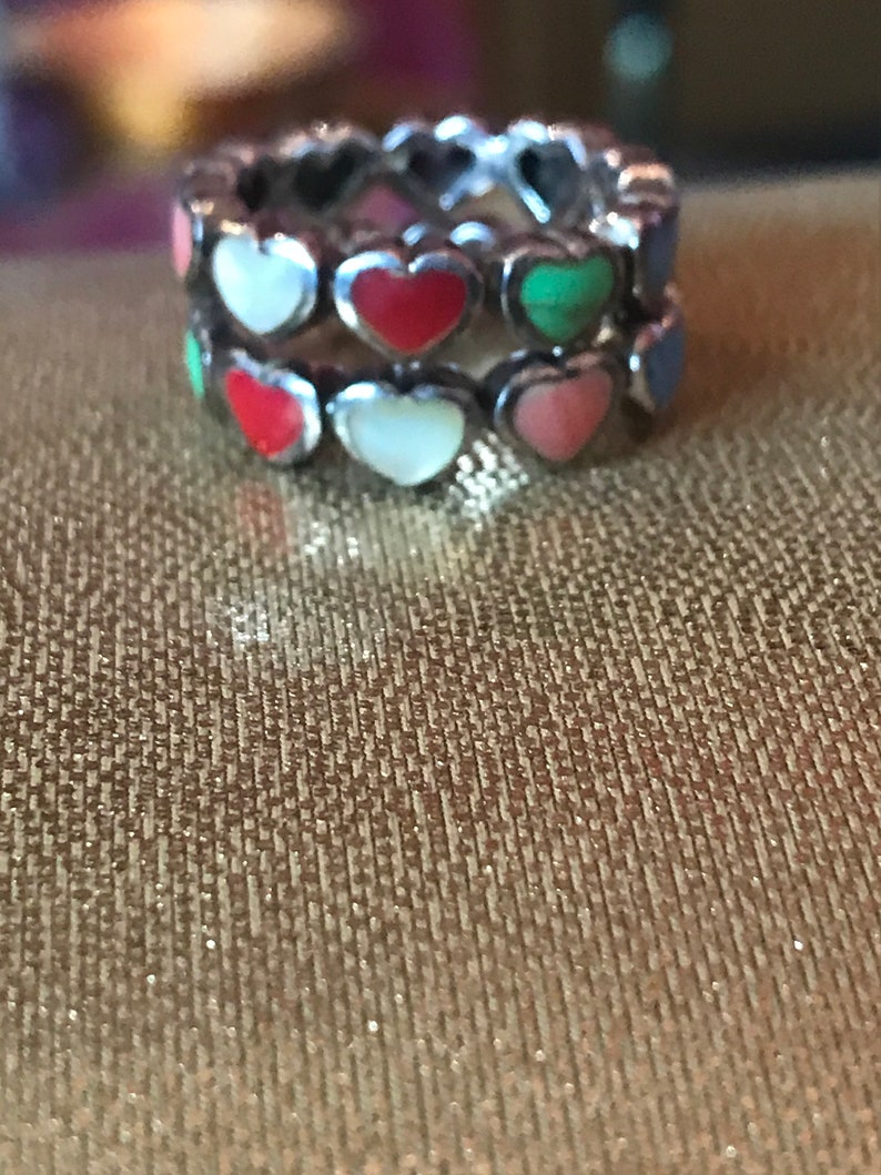Multi Stone Sterling Heart Ring Sz 7 Pink Red Coral Lapis Gaspeite Pearl MOP 925 Silver Band Vintage Jewelry Christmas Birthday Gift Bridal