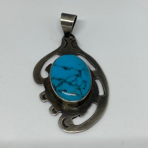 Taxco Turquoise Sterling Pendant 925 Silver Blue Mexican Mexico Vintage Jewelry Southwestern Tribal Birthday Anniversary Christmas Gift