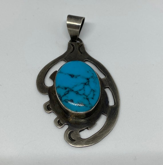 Taxco Turquoise Sterling Pendant 925 Silver Blue … - image 1