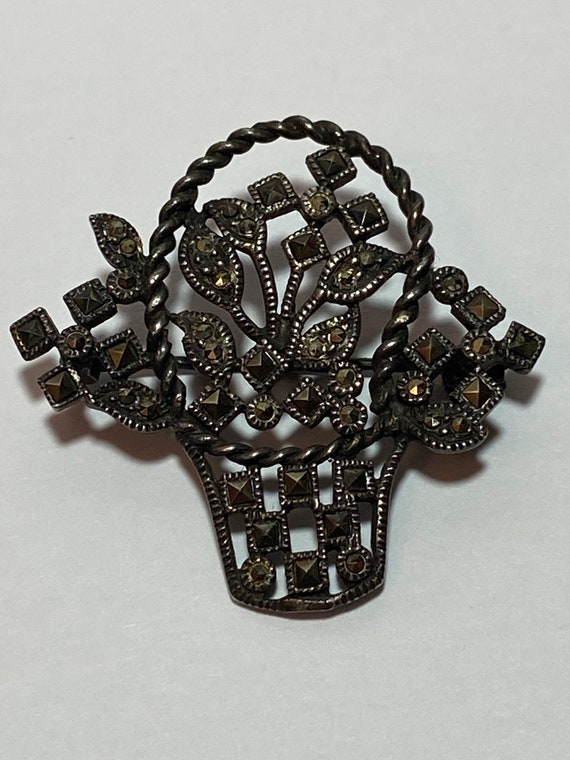 Marcasite Sterling Floral Basket Brooch Pin 925 S… - image 1