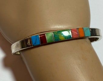 Taxco Multi Stone Sterling Bracelet Bangle Turquoise Pink Coral Red Jasper Gaspeite 925 Silver Vintage Jewelry Christmas Birthday Gift
