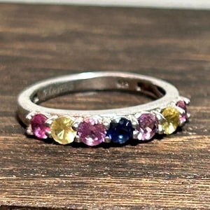 Multi Stone Sterling Ring Band Sapphire Tourmaline 1ctw UK Sz 5 Stacking 925 Silver Vintage Jewelry Birthday Anniversary Christmas Gift Boho