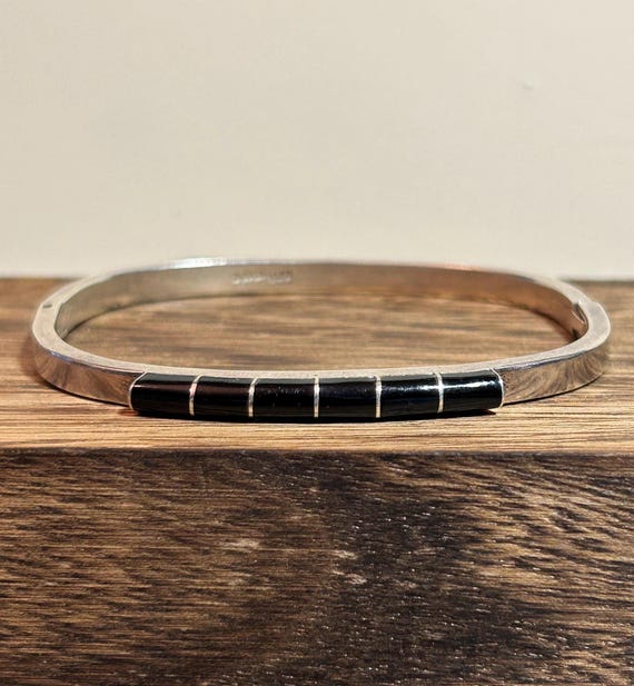 Onyx Sterling Bracelet Bangle 925 Silver Mexico Mexican Vintage Southwestern Jewelry Birthday Anniversary Christmas Gift Goth Black Cuff