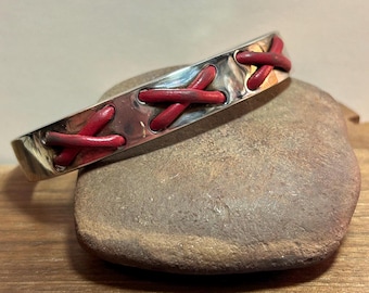 Red Leather Sterling X Cuff Bracelet Canada Canadian 925 Silver Modernist Unisex Men's Vintage Jewelry Birthday Anniversary Christmas Gift