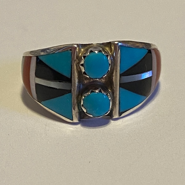 Zuni Multi Stone Sterling Ring Sz 5.25 Sleeping Beauty Turquoise Red Coral Onyx 925 Silver Vintage Jewelry Southwestern Native Birthday Gift