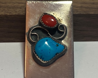 Detailed Vintage Native American Navajo Turquoise Coral Sterling Silver Leaf Moneyclip Detailed Vintage Native American Navajo Turquoise Coral Sterling Silver Leaf Moneyclip