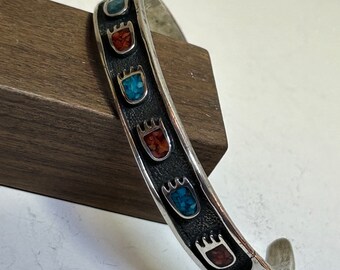 Navajo Turquoise Red Coral Sterling Bear Paw Cuff Bracelet 925 Silver Multi Stone Blue Native Vintage Jewelry Birthday Christmas Gift Tribal