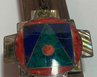 Inca Multi Stone 950 Sterling Cross Pendant Turquoise Lapis Orange Spiny Oyster Abalone Silver Vintage Jewelry Southwestern Birthday Gift