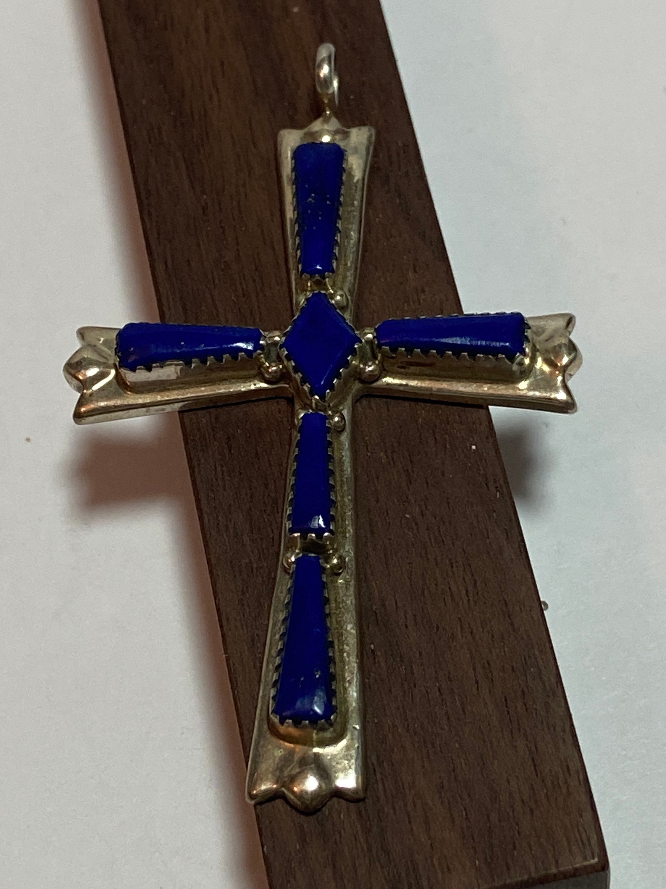 Zuni Lapis Sterling Cross Pendant Kaskalla 925 Silver Lazuli