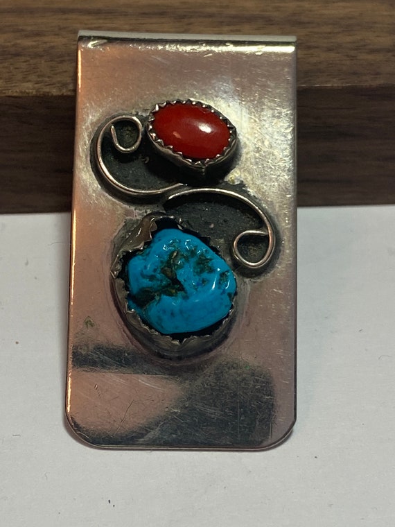 Navajo Turquoise Red Coral Sterling Money Clip Mu… - image 2