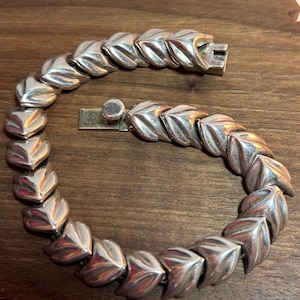 Taxco Sterling Bracelet 7.25&quot; Tilo 40g Leaves Fox Faces Mid Century 925 Silver Mexico Vintage Jewelry Anniversary Christmas Birthday Gift