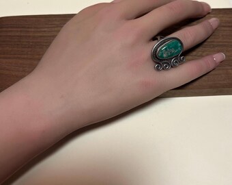 Fred Harvey Era Green Turquoise Sterling Ring Sz 9 Navajo 925