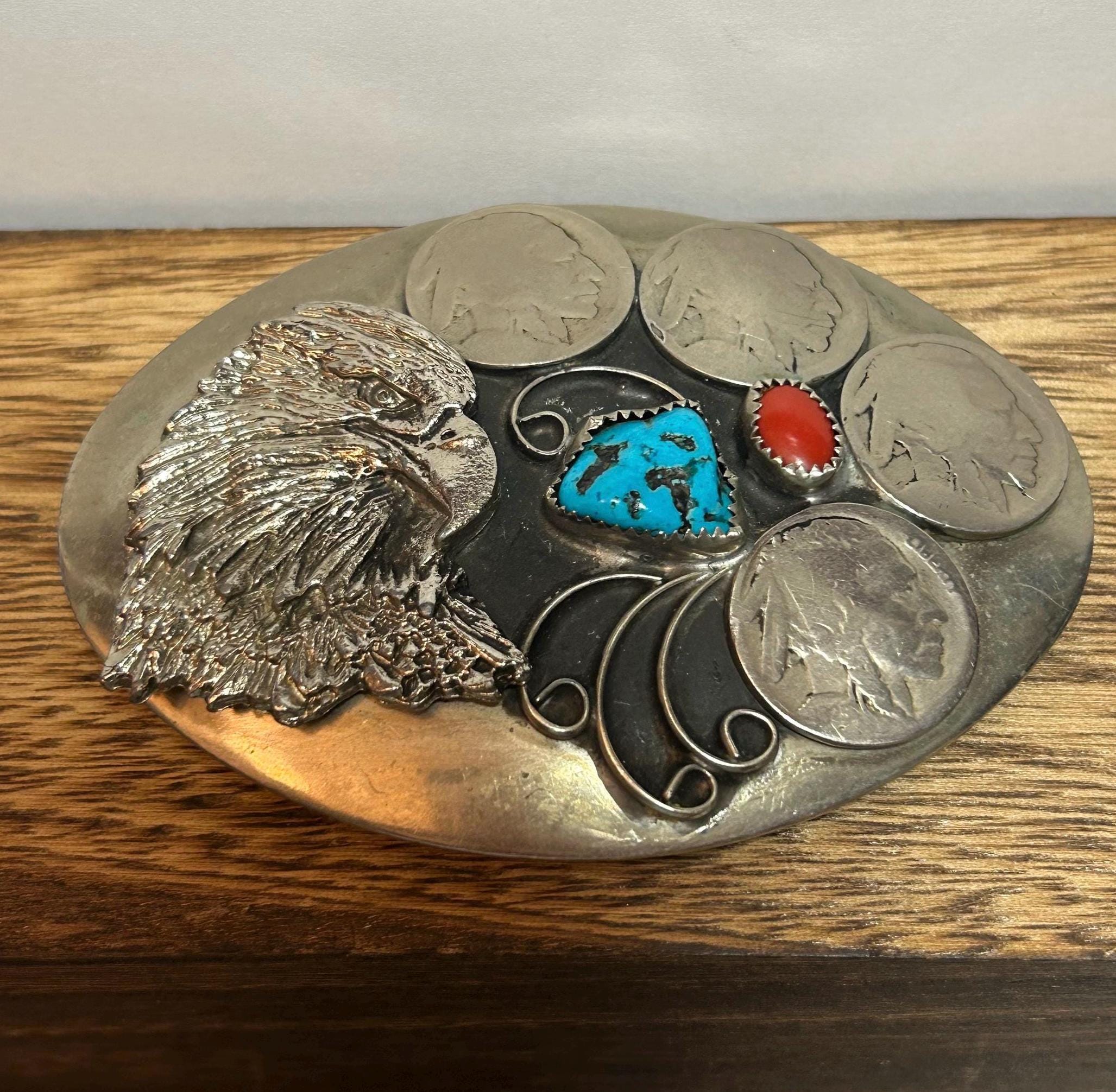 Navajo Turquoise Red Coral Buffalo Nickel Belt Buckle Eagle  display picture 3