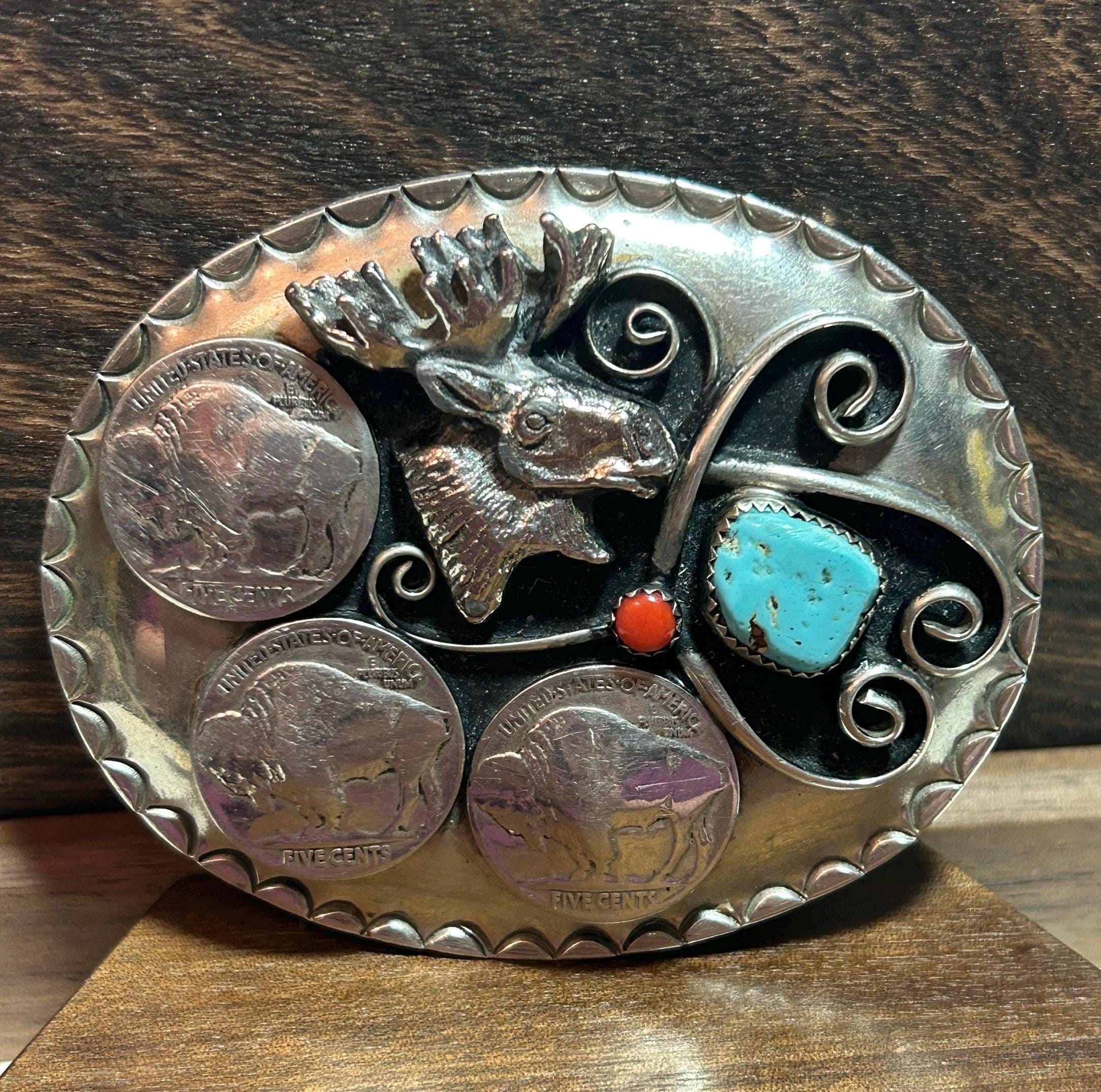 navajo ZUNI ターコイズ コーラル 925 トップ フラワー Zuni Turquoise Red Coral Buffalo Nickel Belt Buckle Signed 925