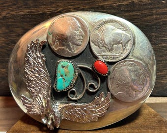 Navajo Turquoise Red Coral Buffalo Nickel Belt Buckle  display picture 3