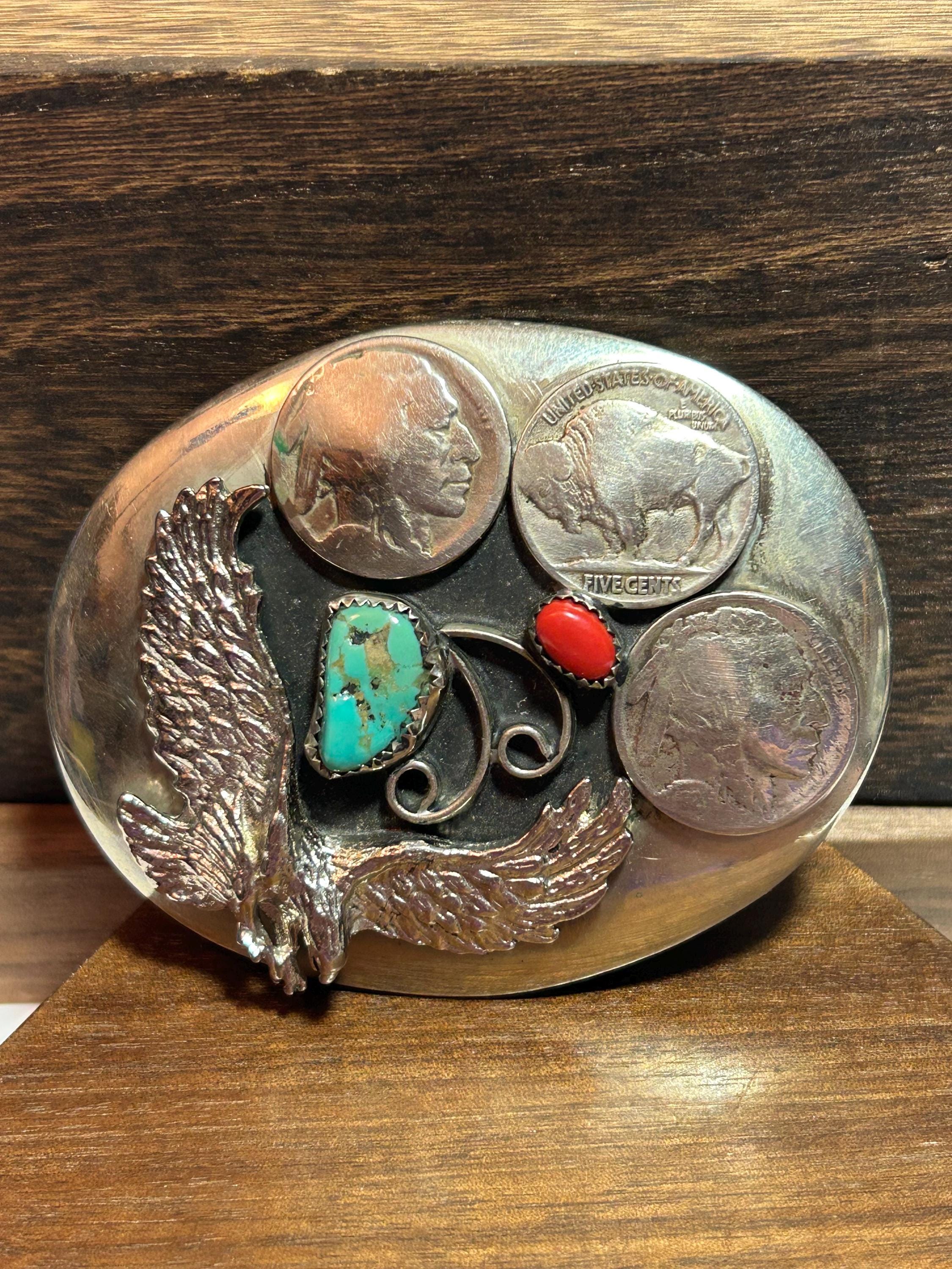 Nickel Silver Buffalo Head Belt Buckle Turquoise Coral w/Coins - Native American 7520814f-b799-491b-977c-  main image 4