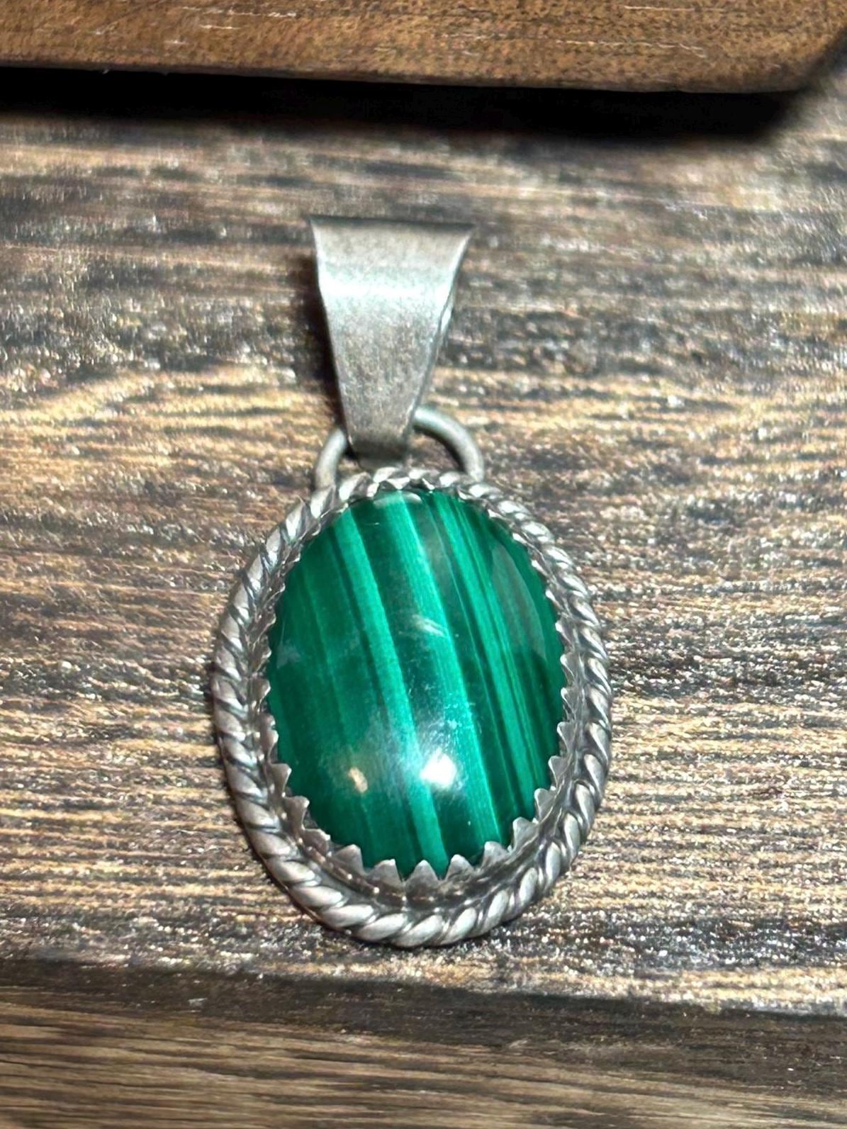 Navajo Malachite Sterling Pendant MKM 925 Silver Vintage Tribal