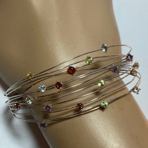 Multi Stone Sterling Atomic Bracelet 7.5&quot; Garnet Citrine Peridot Amethyst Blue Topaz 925 Silver Vintage Jewelry Christmas Birthday Gift Boho