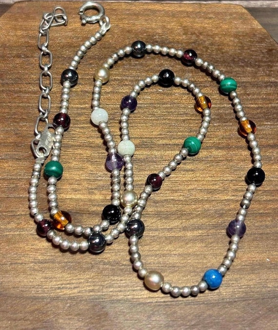 Multi Stone Sterling Beaded Necklace Adjustable L… - image 1
