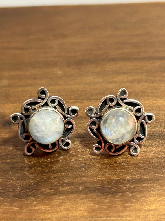 Moonstone Sterling Earrings 925 Silver Scrollwork… - image 9