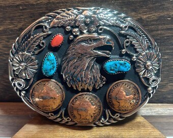 Navajo Silver eagle 84.Leather Western Belt with Turquoise & Coral Eagle Buckle il_1080xN.7017216896_d1iy.jpg main image 2
