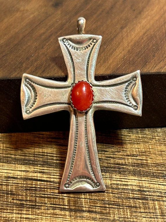 Intricate Vintage Navajo Native American Turquoise Coral Cross Pendant Old Intricate Vintage Navajo Native American Turquoise Coral Cross Pendant Old