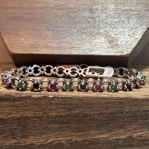 Emerald Ruby Sapphire Sterling Tennis Bracelet 2ctw 7.25" Multi Stone 925 Silver Rubies Vintage Jewelry Anniversary Christmas Birthday Gift