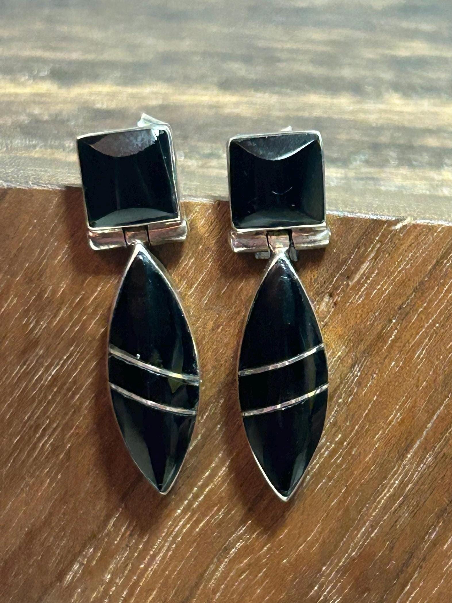 E. Luna's Onyx 950 Sterling Earrings Silver Mexican Mexico Vintage