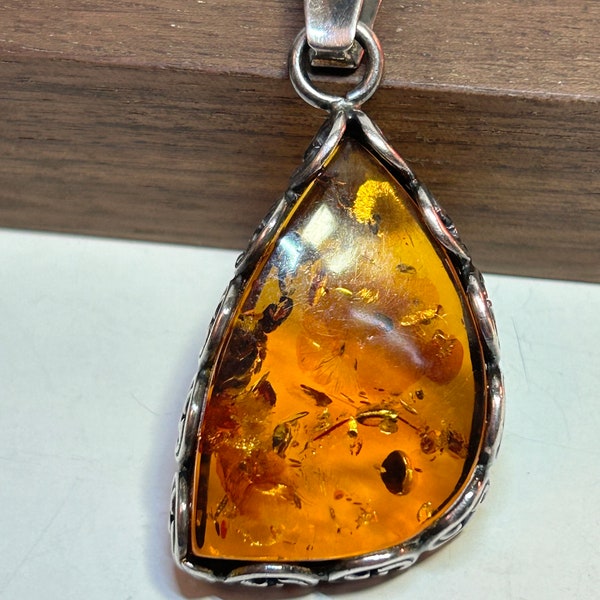 Polish Amber Sterling Pendant Baltic Cognac Honey Poland 925 Silver Vintage Jewelry Anniversary Christmas Birthday Gift Valentine's Mother's