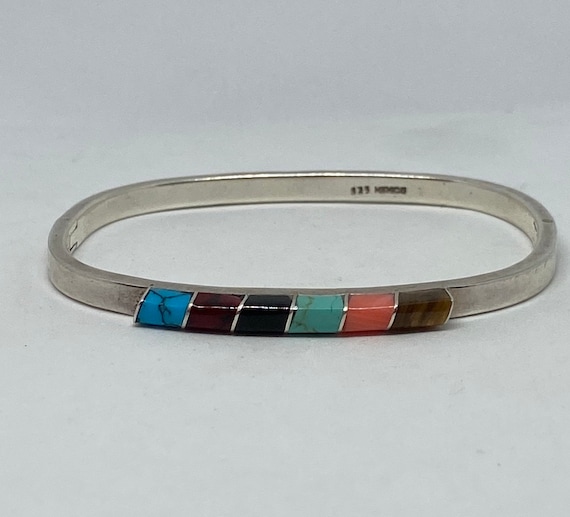 Striking Vintage Native American Navajo Coral Diagonal Turquoise Inlay Sterling Silver Ring Striking Vintage Native American Navajo Coral Diagonal Turquoise Inlay Sterling Silver Ring