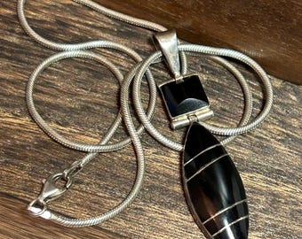E. Luna's Onyx 950 Sterling Necklace Pendant 16" Silver Mexican Mexico Vintage Jewelry Southwestern Birthday Anniversary Christmas Gift Deco