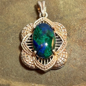 Azurite Sterling Pendant 925 Silver Art Deco 4 Necklace Malachite Turquoise Vintage Jewelry Southwestern Anniversary Birthday Christmas Gift