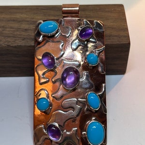Jay King Multi Stone Sterling Pendant Sleeping Beauty Turquoise Amethyst 925 Silver Copper Desert Rose Trading Vintage Jewelry Gift MCM